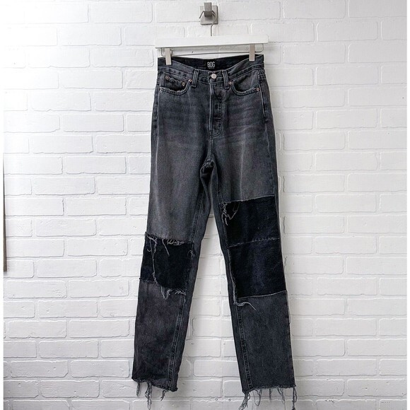 BDG Jeans‎ Distressed Patchwork Black Slim Straight High Rise Raw Hem Size 26 UO - Picture 1 of 11
